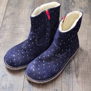 Mini Boden Navy Blue Suede Leather Gold Polka Dot Shearling Lined Boots US 3 35